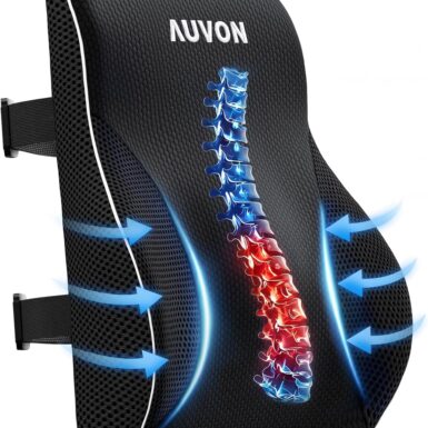 AUVON Office Lumbar Support Pillow with Patented Bulge for Back Support | Ergonomic Office Home Essentials Improve Posture, Memory Foam Chair Cushion for Home, Office, Car, Mesh Cover, Double Straps