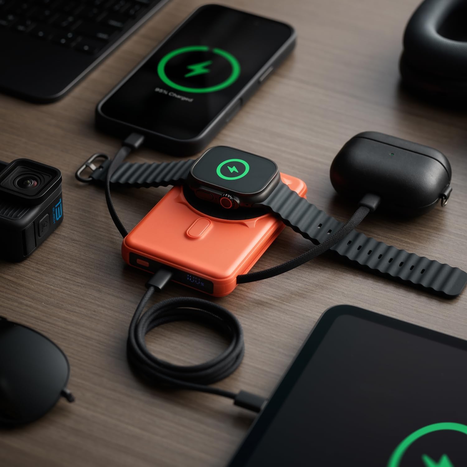 Ridge 20W Magnetic Power Bank Battery Pack 10,000mAh - Fast Charging, Compatible with MagSafe - Portable Charger Flight-Safe Travel Powerbank - Built-in Cables & Magnetic Attachment (Basecamp Orange) - Image 9